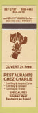 Matchbook Cover - Restaurants Chez Charlie QC #2