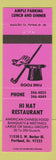 Matchbook Cover - Hi Hat Restaurant Portland OR top hat