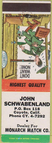 Matchbook Cover - John Schwabenland Monarch Match Coyote CA