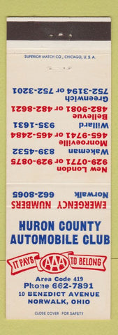 Matchbook Cover - Huron County Auto Club AAA Norwalk OH