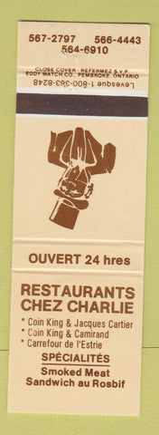 Matchbook Cover - Restaurants Chez Charlie QC
