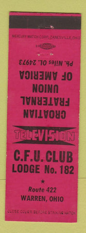Matchbook Cover - CFU Club Lodge Warren OH Croatian Fraternal Union