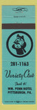 Matchbook Cover - Variety Club Pittsburgh PA