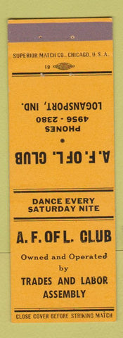 Matchbook Cover - AF of L Club Trades Labor Assembly Union Logansport IN