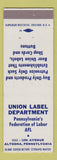 Matchbook Cover - Union Label Department AFL Union Altoona PA