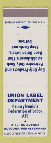 Matchbook Cover - Union Label Department AFL Union Altoona PA