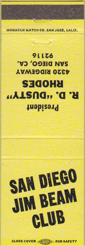 Matchbook Cover - San Diego Jim Beam Club San Diego CA yellow