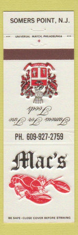 Matchbook Cover - Mac's Restaurant Somers Point NJ lobster