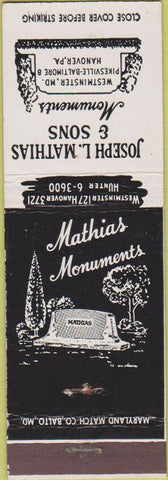 Matchbook Cover - Mathias Sons Monuments Hanover PA Westminster MD