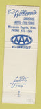 Matchbook Cover - Wilbern's Motel Restaurant Wisconsin Rapids WI