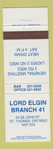 Matchbook Cover - Royal Canadian Legion Lord Elgin Branch 41 St Thomas ON