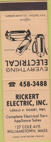 Matchbook Cover - Rickert Electric Williamstown MA peach