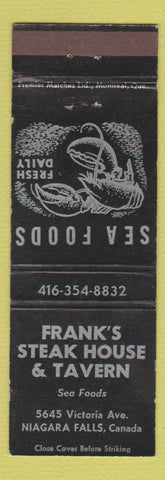 Matchbook Cover - Frank's Steak House Tavern Niagara Falls ON