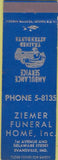 Matchbook Cover - Ziemer Funeral Home Evansville IN