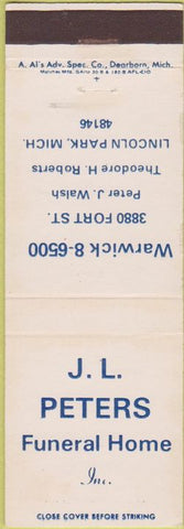 Matchbook Cover - JL Peters Funeral Home Lincoln Park MI