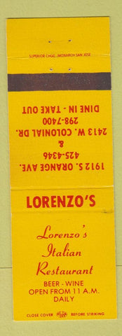 Matchbook Cover - Lorenzo's Italian Restaurant