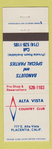 Matchbook Cover - Alta Vista Country Club Placentia CA