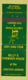Matchbook Cover - Billy's Chowder House Wells ME