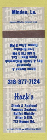 Matchbook Cover - Hack's Steak Seafood Minden LA