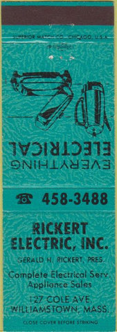 Matchbook Cover - Rickert Electric Williamstown MA teal