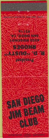 Matchbook Cover - San Diego Jim Beam Club San Diego CA red