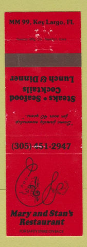 Matchbook Cover - Mary and Stan's Restaurant Key Largo FL RED