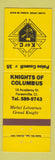 Matchbook Cover - Knights of Columbus Forestville CT YELLOW