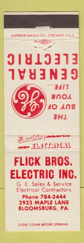 Matchbook Cover - Flick Bros Electric General Electric GE Bloomsburg PA