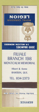 Matchbook Cover - Royal Canadian Legion Filiale Branch Rawdon QC