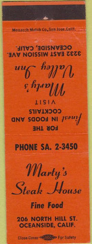 Matchbook Cover - Marty's Steak House Oceanside CA