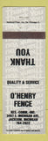 Matchbook Cover - O'Henry Fence Jackson MI
