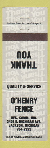 Matchbook Cover - O'Henry Fence Jackson MI
