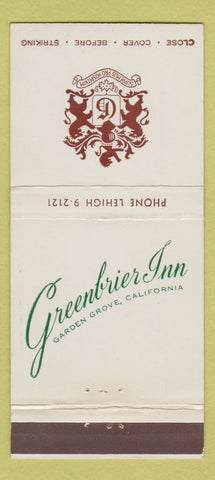 Matchbook Cover - Greenbrier Inn Garden Grove CA 30 Stick