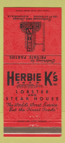 Matchbook Cover - Herbie K's Lobster Steak House Alexandria LA 30 Strike