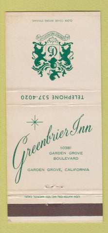 Matchbook Cover - Greenbrier Inn Garden Grove CA 30 Strike