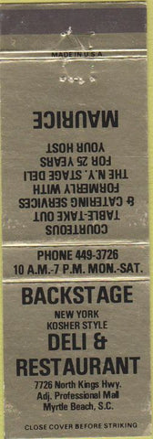 Matchbook Cover - Backstage Deli Myrtle Beach SC
