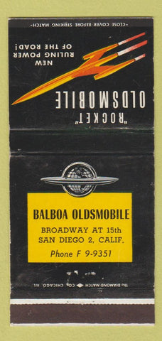 Matchbook Cover - Oldsmobile Rocket Balboa San Diego CA WEAR 30 Strike