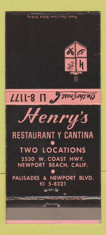 Matchbook Cover - Henry's Restaurant Y Cantina Newport Beach CA 30 Strike