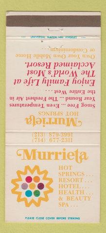 Matchbook Cover - Murietta Hotel Hot Springs Resort CA #2 30 Strike