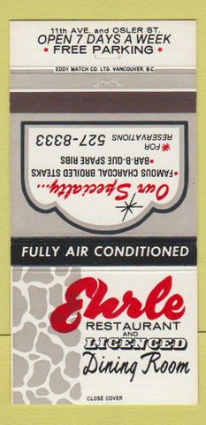 Matchbook Cover - Ehrle Restaurant Regina SK  30 Strike