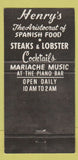 Matchbook Cover - Henry's Restaurant Newport Beach CA 30 Strike