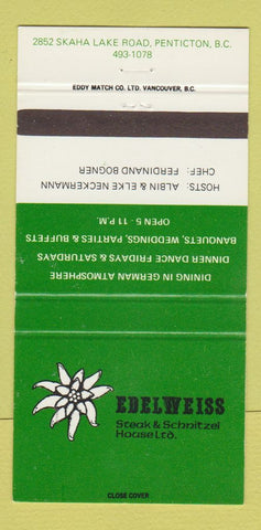 Matchbook Cover - Edelweiss Steak Schnitzel House Penticton BC 30 Strike