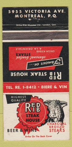 Matchbook Cover - Red Rib Steak House Montreal QC WEAR CREASE 30 Strike