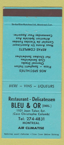 Matchbook Cover - Restaurant Deli Bleu & Or Montreal QC 30 Strike