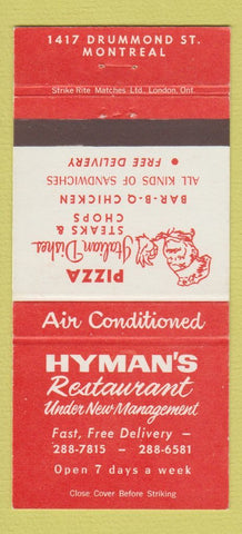 Matchbook Cover - Hyman's Restaurant Pizza Montreal QC 30 Strike