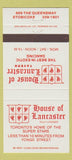 Matchbook Cover - House of Lancaster Etobicoke ON 30 Strike