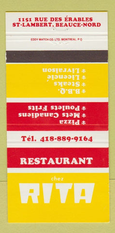 Matchbook Cover - Restaurant Chez Rita St Lambert Beauce Nord QC  30 Strike