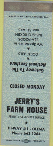 Matchbook Cover - Jerry's Farm House Olema CA blue