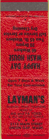 Matchbook Cover - Layman's Wash House laundry Union Gap WA red