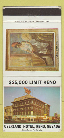 Matchbook Cover - Overland Hotel Reno NV Julia Bulette casino 30 Strike